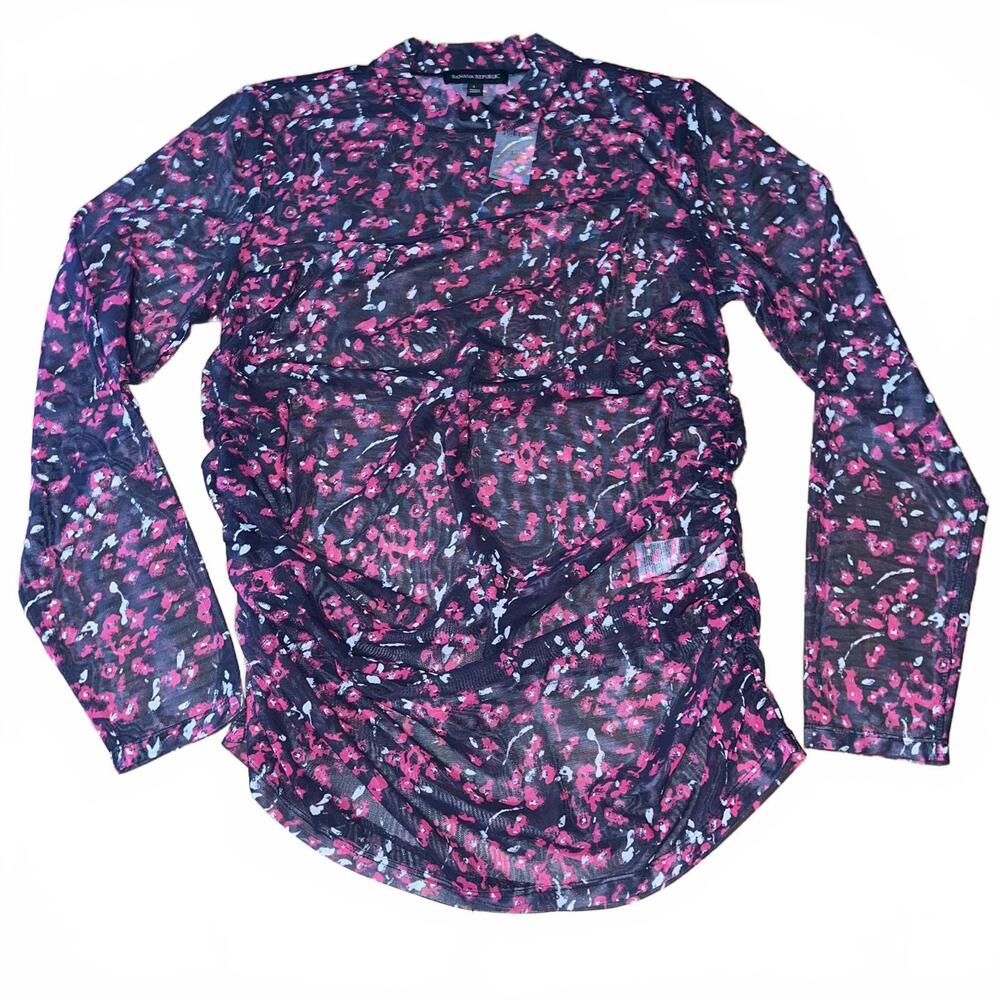 Banana Republic Women's Long Sleeve Floral Mesh Top Size L Pink Black Rouche NWT